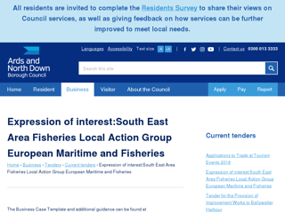 Screenshot for https://www.ardsandnorthdown.gov.uk/business/tenders/current-tenders/expression-of-interestsouth-east-area-fisheries-local-action-group-european