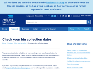 Screenshot for https://www.ardsandnorthdown.gov.uk/resident/bins-and-recycling/bin-collection-dates