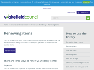 Screenshot for http://www.wakefield.gov.uk/libraries-and-local-history/how-to-use-the-library/renewing-items