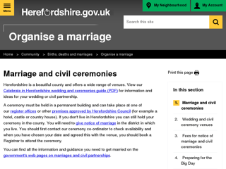 Screenshot for https://www.herefordshire.gov.uk/info/200166/births_deaths_and_marriages/294/organise_a_marriage