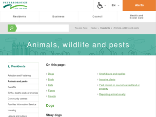 Screenshot for https://www.peterborough.gov.uk/residents/animals-and-pests/