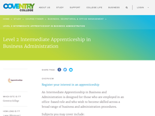 Screenshot for http://www.coventrycollege.ac.uk/study/courses/level-2-business-administration-apprenticeship/