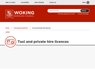 Screenshot for https://www.woking.gov.uk/licensing-and-permits/taxi-and-private-hire-licences