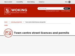 Screenshot for https://www.woking.gov.uk/licensing-and-permits/town-centre-street-licences-and-permits