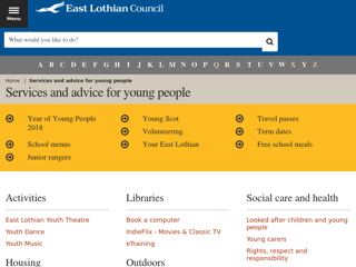 Screenshot for https://www.eastlothian.gov.uk/info/210618/services_and_advice_for_young_people