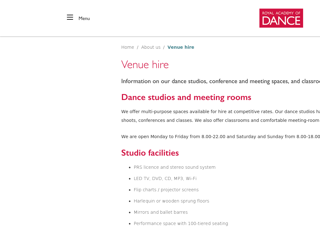 Screenshot for https://www.royalacademyofdance.org/about-us/venue-hire/