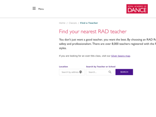 Screenshot for https://www.royalacademyofdance.org/classes/find-a-rad-teacher/