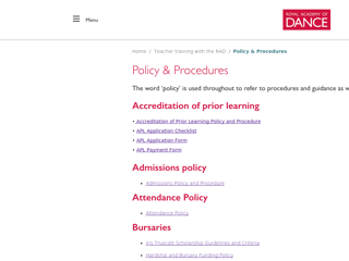 Screenshot for https://www.royalacademyofdance.org/teacher-training/policy-procedures/
