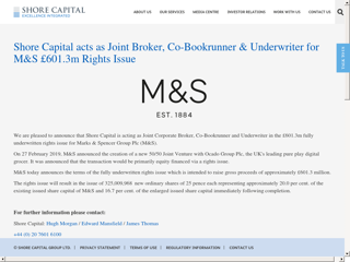 Screenshot for https://www.shorecap.co.uk/posts/view/shore-capital-acts-as-joint-broker-co-bookrunner-underwriter-for-ms-601m-rights-issue