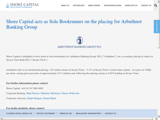 Screenshot for https://www.shorecap.co.uk/posts/view/shore-capital-acts-as-sole-bookrunner-on-the-placing-for-arbuthnot-banking-group