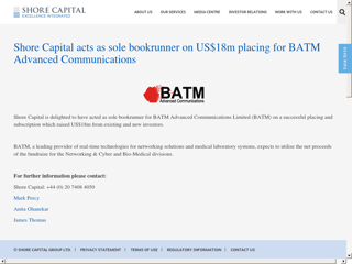 Screenshot for https://www.shorecap.co.uk/posts/view/shore-capital-acts-as-sole-bookrunner-on-us18m-placing-for-batm-advanced-communications