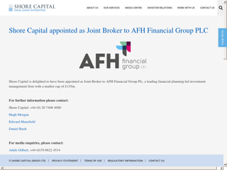 Screenshot for https://www.shorecap.co.uk/posts/view/shore-capital-appointed-as-joint-broker-to-afh-financial-group-plc