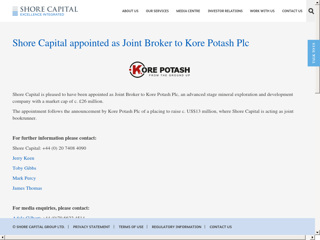 Screenshot for https://www.shorecap.co.uk/posts/view/shore-capital-appointed-as-joint-broker-to-kore-potash-plc