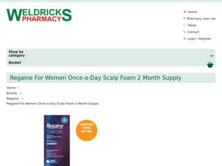 Screenshot for https://www.weldricks.co.uk/products/regaine-for-women-once-a-day-scalp-foam-2-month-supply