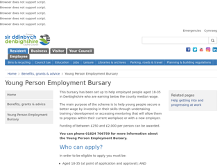 Screenshot for https://www.denbighshire.gov.uk/en/resident/benefits-grants-and-advice/young-person-employment-bursary/young-person-employment-bursary.aspx