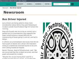 Screenshot for https://www.pembrokeshire.gov.uk/newsroom/bus-driver-injured
