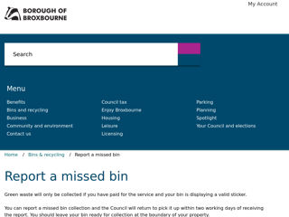 Screenshot for https://www.broxbourne.gov.uk/waste/report-missed-bin/1