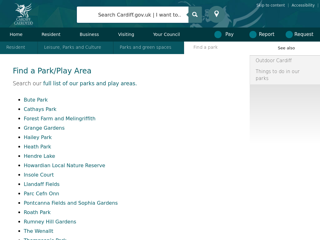 Screenshot for https://www.cardiff.gov.uk/ENG/resident/Leisure-parks-and-culture/Parks-and-Green-Spaces/Find-a-park/Pages/default.aspx