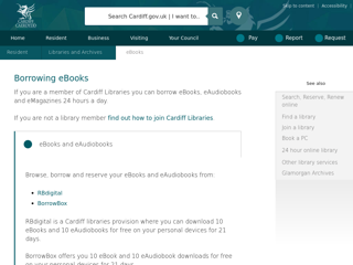 Screenshot for https://www.cardiff.gov.uk/ENG/resident/Libraries-and-archives/eBooks/Pages/default.aspx