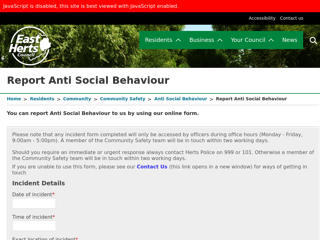Screenshot for https://www.eastherts.gov.uk/article/35862/Report-Anti-Social-Behaviour