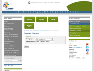 Screenshot for http://www.crawley.gov.uk/pw/AbouttheCouncil/Council_Services/Fees_and_Charges/index.htm