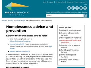 Screenshot for https://www.eastsuffolk.gov.uk/housing/housing-advice/homelessness-advice-and-prevention/