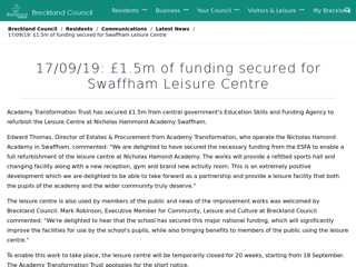 Screenshot for https://www.breckland.gov.uk/article/12331/17-09-19-1-5m-of-funding-secured-for-Swaffham-Leisure-Centre