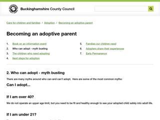 Screenshot for https://www.buckscc.gov.uk/services/care-for-children-and-families/adoption/becoming-an-adoptive-parent/who-can-adopt-myth-busting/