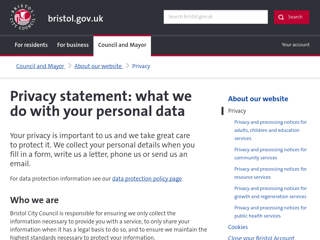 Screenshot for https://www.bristol.gov.uk/about-our-website/privacy