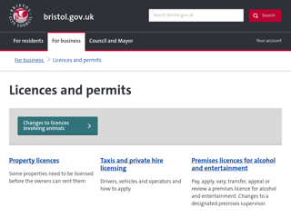 Screenshot for https://www.bristol.gov.uk/licences-permits