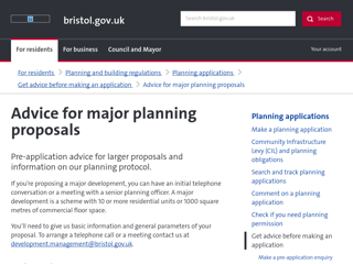 Screenshot for https://www.bristol.gov.uk/planning-and-building-regulations/advice-for-major-planning-proposals