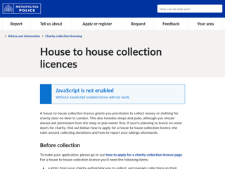 Screenshot for https://www.met.police.uk/advice/advice-and-information/cc/charity-collection-licensing/house-to-house-collection-licences/