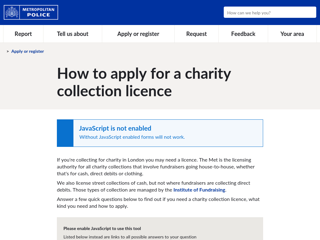 Screenshot for https://www.met.police.uk/ar/applyregister/ccl/met/apply-for-charity-collection-licence/