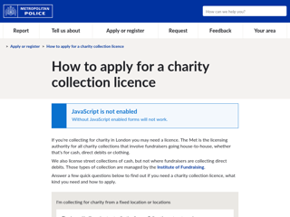 Screenshot for https://www.met.police.uk/ar/applyregister/ccl/met/apply-for-charity-collection-licence/im-collecting-for-charity-from-a-fixed-location-or-locations/