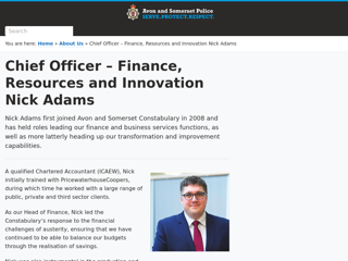 Screenshot for https://www.avonandsomerset.police.uk/about/chief-officer-finance-resources-and-innovation-nick-adams/