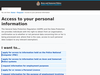 Screenshot for https://www.avonandsomerset.police.uk/request/access-to-your-personal-information/