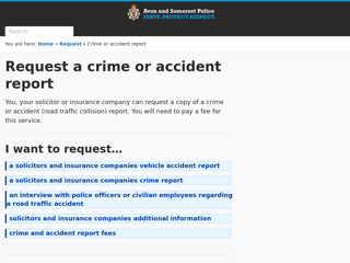 Screenshot for https://www.avonandsomerset.police.uk/request/crime-accident-reports/