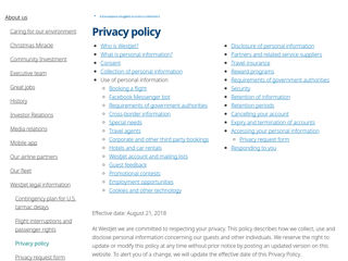 Screenshot for https://www.westjet.com/en-gb/about-us/legal/privacy-policy