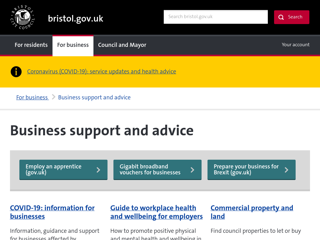Screenshot for https://www.bristol.gov.uk/business-support-advice