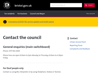 Screenshot for https://www.bristol.gov.uk/contact