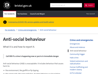 Screenshot for https://www.bristol.gov.uk/crime-emergencies/anti-social-behaviour