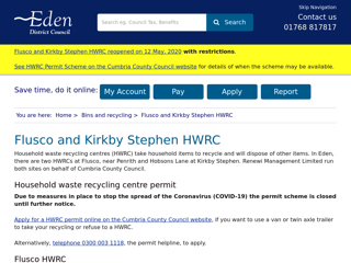 Screenshot for https://www.eden.gov.uk/bins-and-recycling/flusco-and-kirkby-stephen-hwrc/