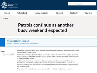 Screenshot for https://www.leics.police.uk/news/leicestershire/news/2020/july/patrols-continue-as-another-busy-weekend-expected/
