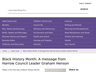 Screenshot for https://www.harrow.gov.uk/news/article/10834/black-history-month-a-message-from-harrow-council-leader-graham-henson