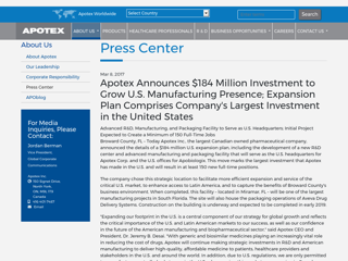 Screenshot for https://www1.apotex.com/global/about-us/press-center/2017/03/08/apotex-announces-dollars-184-million-investment-to-grow-u.s.-manufacturing-presence-expansion-plan-comprises-companys-largest-investment-in-the-united-states
