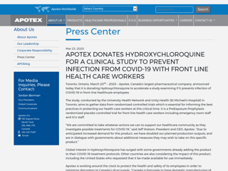 Screenshot for https://www1.apotex.com/global/about-us/press-center/2020/03/23/apotex-donates-hydroxychloroquine-for-a-clinical-study-to-prevent-infection-from-covid-19-with-front-line-health-care-workers