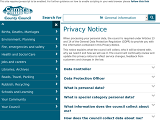 Screenshot for https://www.cumbria.gov.uk/admin/privacy.asp