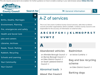 Screenshot for https://www.cumbria.gov.uk/search/azlist.asp
