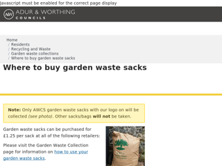 Screenshot for https://www.adur-worthing.gov.uk/garden-waste/sack-retailers/