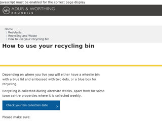 Screenshot for https://www.adur-worthing.gov.uk/recycling-and-waste/how-to-use-your-recycling-bin/